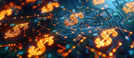 Digital Currency Network: Dollar Symbols on Circuit Board