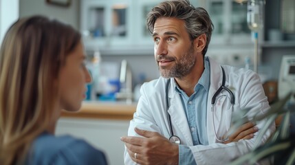 Compassionate Doctor Supporting Worried Family in Hospital Scene with Hyper-Realistic Detail