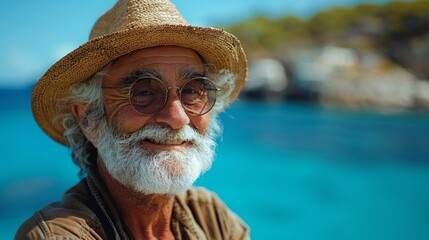 Portrait of pensive senior man at beach looking away. Proud and satisfied old man in casual enjoying summer holiday at beach. Mature retired man contemplating at sea: iImagination and future concept.