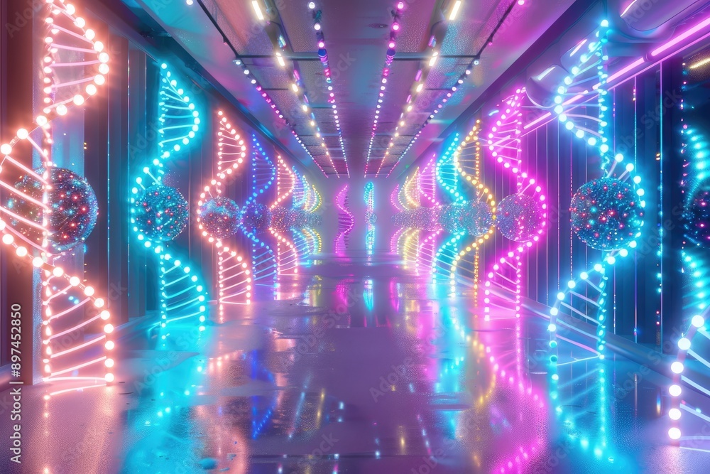 Poster vibrant futuristic corridor with colorful neon lights and dna helix structures, creating a mesmerizi