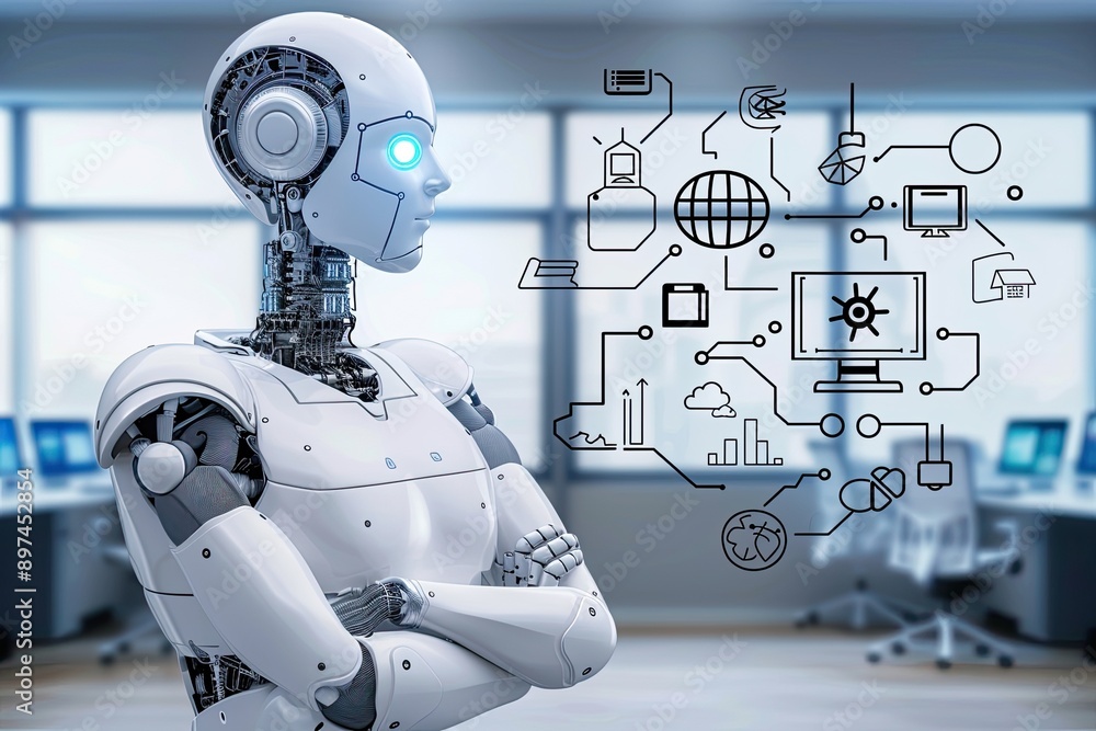 Poster ai robot in modern office, illustrating artificial intelligence and future technology concepts. digi