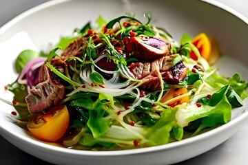 Salad with tender beef vegetables glass noodles, funchose