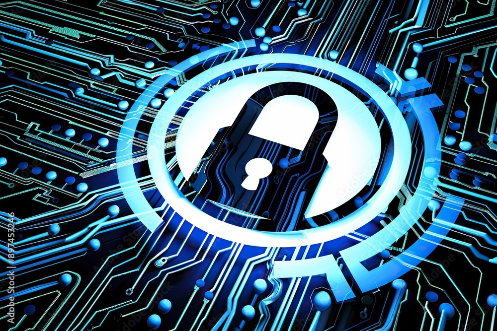 Poster digital cybersecurity concept with a locked padlock icon on a computer circuit board background, rep