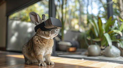 A brown rabbit wearing a VR headset sits on a wooden floor near a window, looking up with a curious expression.