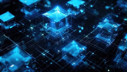 Abstract Digital Network of Blue Cubes