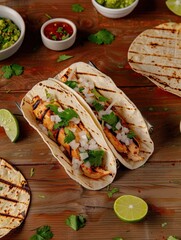 Authentic Mexican Tacos Fiesta on Wooden Table with Grilled Chicken and Fresh Ingredients