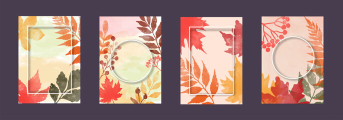 Set of watercolor abstract background autumn collection with maple and seasonal leaves. Cards for designed header, banner, web, wall.