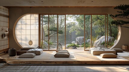 Tranquil Zen Interior: A serene Japanese-inspired living space with minimalist decor, soft lighting, and an expansive window overlooking a lush Zen garden. The room is designed to promote.