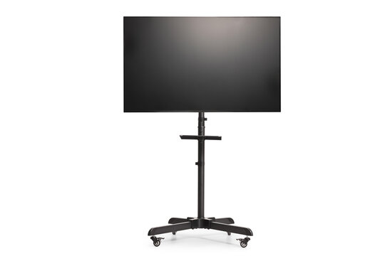 Black metal tv stand on wheels with a flat tv screen