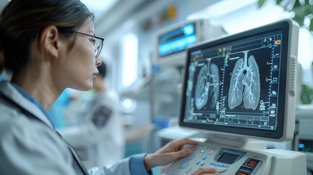 Advanced Medical Technology: Doctor Performing Lung Ultrasound on Patient in Hospital Room