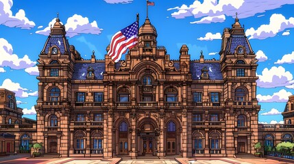 Obraz premium A detailed illustration portraying a dramatic scene of the American flag fluttering atop a historic government building, framed by a vivid azure sky on Independence Day 2024, evoking pride and 