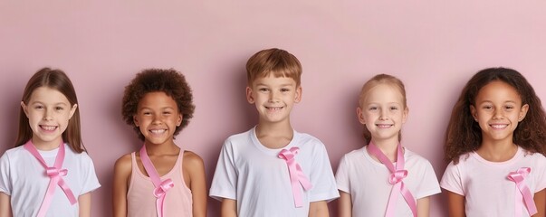 School fundraiser with kids wearing pink ribbons, supporting breast cancer research, youthful energy