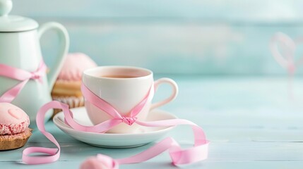 Charity breakfast with pink ribbon decorations, supporting breast cancer awareness, cozy and supportive