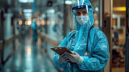Obraz premium Hyper-Realistic 8K Image of Healthcare Worker in Full PPE Standing in Hospital Corridor Holding Clipboard - Ultrarealistic Medical Scene with Detailed Gloves and Equipment
