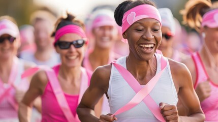 Group of runners with pink ribbons, participating in a charity marathon, breast cancer awareness