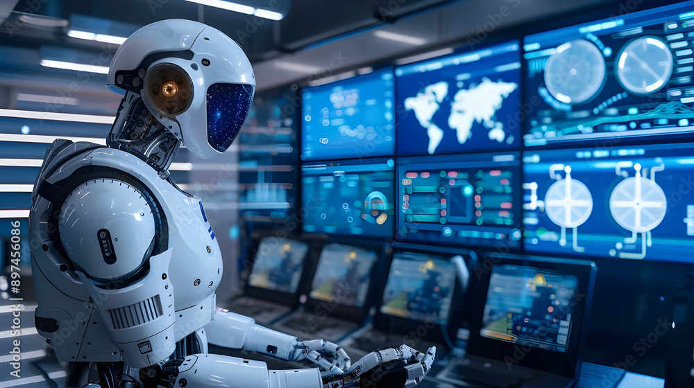 Fototapete Advanced humanoid robot monitoring data in a high-tech control room, representing cutting-edge artificial intelligence and futuristic technology.