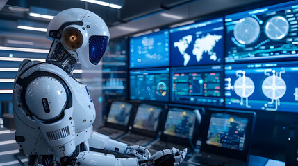 Advanced humanoid robot monitoring data in a high-tech control room, representing cutting-edge artificial intelligence and futuristic technology.