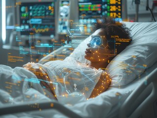 Medical Monitoring in Hospital Room - Patient on Bed with IV Drip Overlaid with Charts and Data for Treatment Analysis and Care Management