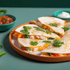 Vibrant Mexican Quesadillas with Chicken and Peppers on Isolated Background