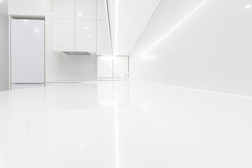 Empty white acrylic countertop with faucet, copy space