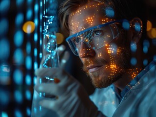 Scientist in Laboratory Holding Test Tube with DNA Helix Overlay - Biotechnology and Genetics Research Concept
