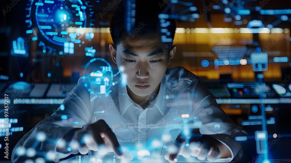 Leinwandbilder a focused young programmer interacts with a high-tech, futuristic interface, highlighting modern tec