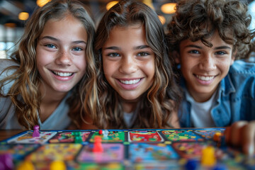 Friends playing board games at a community center, with colorful game pieces and animated expressions.