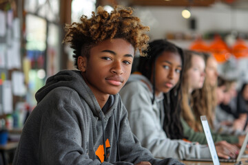 A group of youth leading a workshop on digital literacy, helping others navigate the internet.