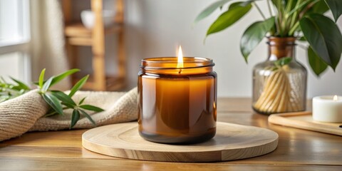 Cozy Candle on Wooden Board with Plant in the Background, candle , home , decor , relaxation