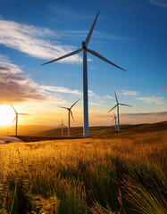Obraz premium Wind turbines on the large field during sunset, green energy production