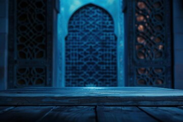 Fototapeta premium A serene scene featuring an ornate archway and a wooden surface, illuminated by soft blue light, ideal for a mystical atmosphere.