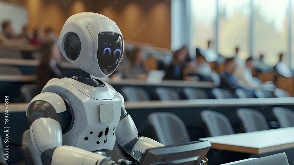 Aufkleber a humanoid robot attends a lecture in a modern classroom, surrounded by students, showcasing advance