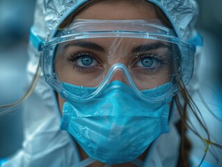 Healthcare Worker in Protective Gear with Microscopic Bacteria Overlay - Medical Professional Dealing with Biological Threat in Laboratory Setting