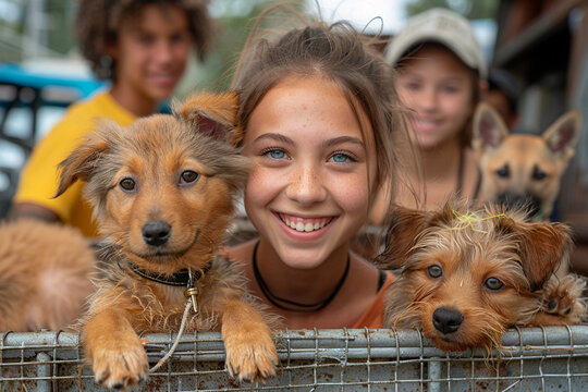 A group of young people volunteering at an animal shelter, caring for dogs and cats.