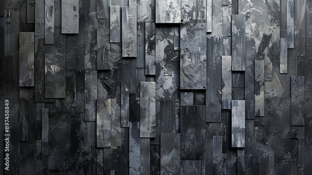Poster industrial and abstract design concept, metallic plates arranged in a random geometric pattern on a 