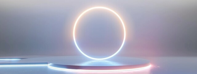 Obraz premium Podium background 3D light tech stage future platform game abstract. Podium 3D background technology room product circle glow effect portal stand studio scene white design ring modern display space.