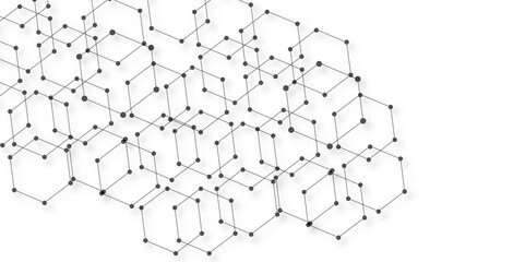 Technology abstract white digital background of connected dot with honeycomb stock lines. honeycomb shaped net composed of illuminated lines with glowing dots, technological and futuristic background.