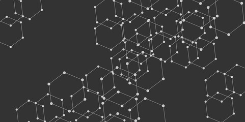 Technology abstract black digital background of connected dot with honeycomb stock lines. honeycomb shaped net composed of illuminated lines with glowing dots, technological and futuristic background.