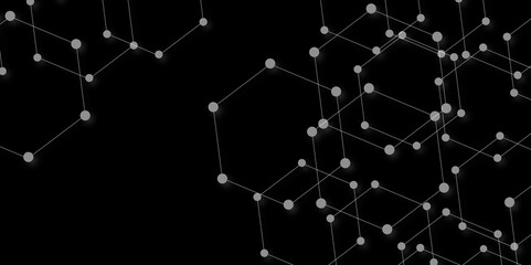 Technology abstract black digital background of connected dot with honeycomb stock lines. honeycomb shaped net composed of illuminated lines with glowing dots, technological and futuristic background.