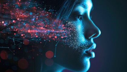 A woman's profile with glowing blue and red lines and dots on her face.