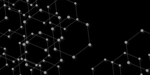 Technology abstract black digital background of connected dot with honeycomb stock lines. honeycomb shaped net composed of illuminated lines with glowing dots, technological and futuristic background.