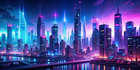 Obraz premium Neon Cityscape with River Reflection, Digital Art, Cyberpunk City, Futuristic Skyline, Night Scene, City Lights, Neon