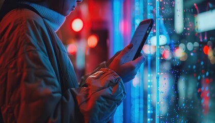 Woman using smartphone in neon city lights at night