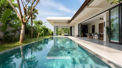 Fototapeta premium Clear pool villa leisure area during the day