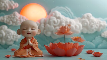 Cute cartoon little Buddha monk sitting on a lotus flower, smiling with closed eyes and hands...