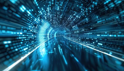 Abstract digital tunnel with bright blue light and data stream