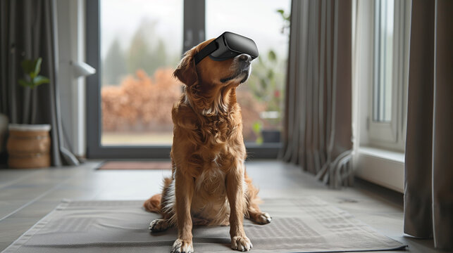 A golden retriever dog sits on a rug wearing a VR headset. It appears to be looking up at something within the virtual reality experience.