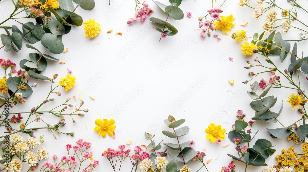 Poster yellow and pink flower round frame with eucalyptus on white background top view with space for text