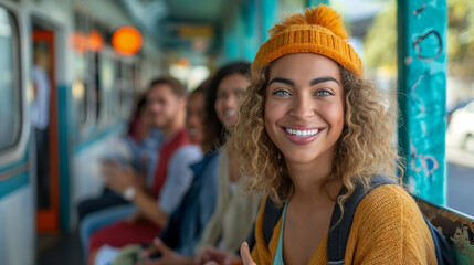 Fototapeta premium A telephoto angle photo of individuals lined up on a bench at a bus stop, chatting happily, with copy space