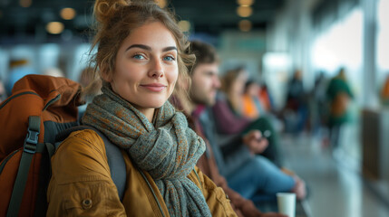 Fototapeta premium A telephoto angle photo of travelers sitting in a queue at an airport gate, sharing travel stories, with copy space